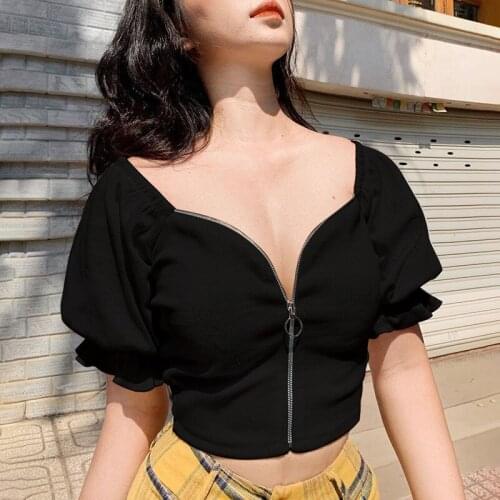 Summer Female Fashion V-Neck Zipper Crop Tops Slim Fit White Black Sexy Tops Flared Sleeve T-shirts Streetwear