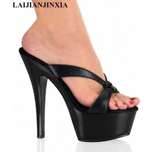 LAIJIANJINXIA Band Summer Slides Sexy black 15 cm high heels slippers. thick sole fashion party shoes womens shoes