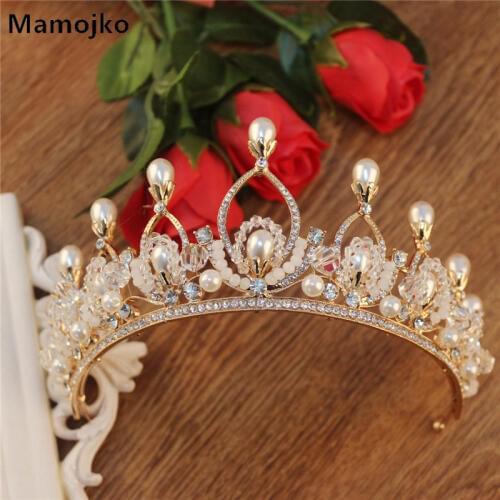 Mamojko Baroque Charm Women Crown Crystal Gold Pearl Bride Wedding Jewelryl Fashion Headpiece Gift Hair Dress Accessories