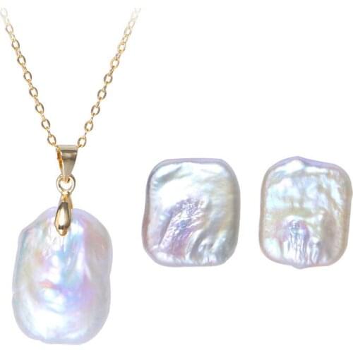 Real Freshwater Baroque Pearl Necklace Pendant with Chain Earrings Set Jewelry Set, 10 Sets/lot