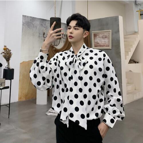 Spring New Personality Tie Decoration Mens Loose Wave Point Long-sleeved Shirt Men And Women Youth Shirt Singer Costumes