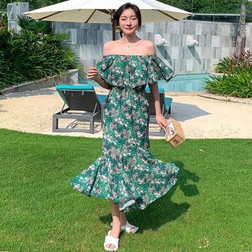 New Fashion Summer Long Party Club Dress Ladies Elegant Vacation Clothes Sexy Off-Shoulder Green Floral Print Ruffle Beach Dress
