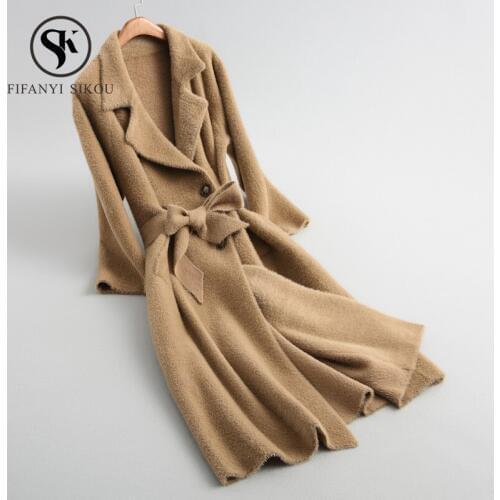 2019 Winter coat women Faux mink cashmere High quality Wool blend Coat Fashion Double Breasted Casual Long Coats Warm Overcoat