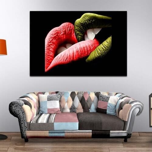 Red and Green Kiss Lips High Definition Wall Art Canvas Printed Cartoon Poster Paintings for Living Room Office Wall Decortion