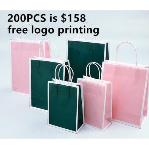 LOGO Free 200PCS/LOT 150G Paper Made Gift Bag With Paper Handle Wedding Candy Bag Baby Shower Packaging