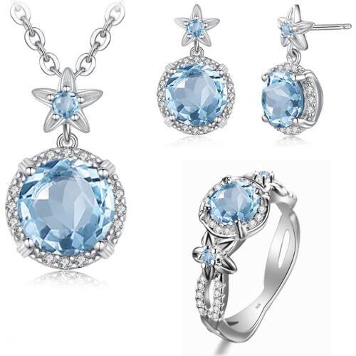 Szjinao Real 925 Sterling Silver Handmade Fine Jewelry Aquamarine Ring Earring Pendant Necklace Flower Jewelry Set for Women New