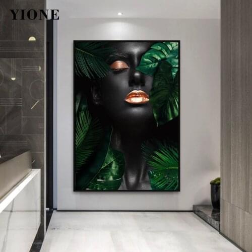 Modern Black Woman with Leaves Art Poster Custom Fashion Figure Painting Canvas Wall Prints Pictures for Girl Room Living Aisle