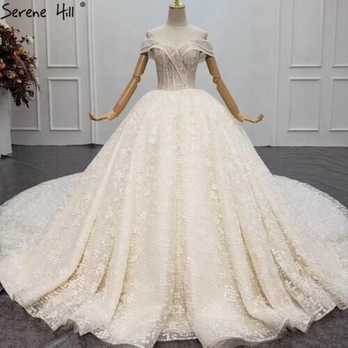 Serene Hill Champagne Off Shoulder Wedding Dress 2020 Dubai Beading Sequins Sleeveless Sexy Bridal Wear Gown Custom Made CHX0140