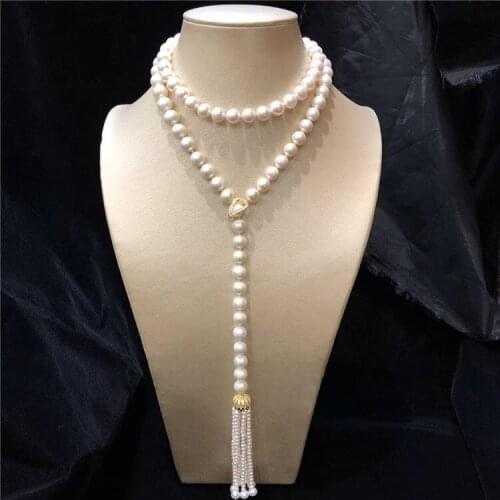 Hand knotted natural 8-9mm white freshwater pearl 90-95cm long sweater chain tassel necklace