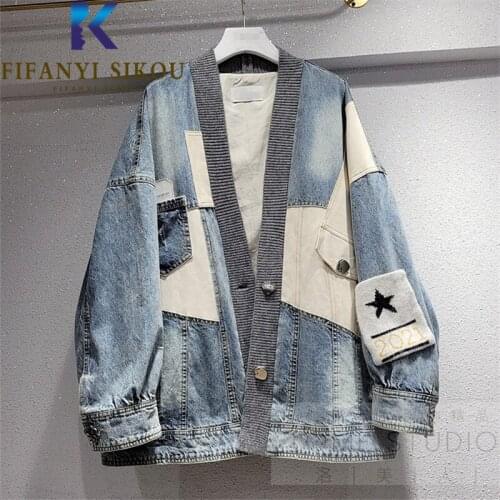 Streetwear Women Jeans Jacket Knit Spliced Pocket V-Neck Fashion Patchwork Denim Jackets 2021 Autumn Loose Jeans Coat Female