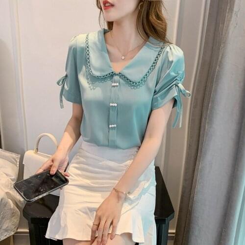 Summer doll collar chiffon shirt short-sleeved womens summer 2021 new trendy high-end temperament blouse