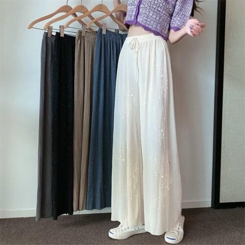2021 Fashion Big Size Women Chiffon Wide Leg Pant Casual Long Pleated Pant Summer Lady Eastic Waist Thin Pants Trousers WZ1399