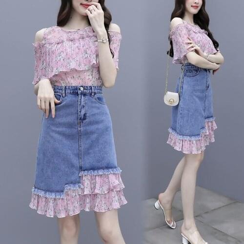 Women 2021 Summer New Fashion Two Piece Sets Female Printed Chiffon Shirts Ladies Mid-long A-line Denim Skirts Suits K134