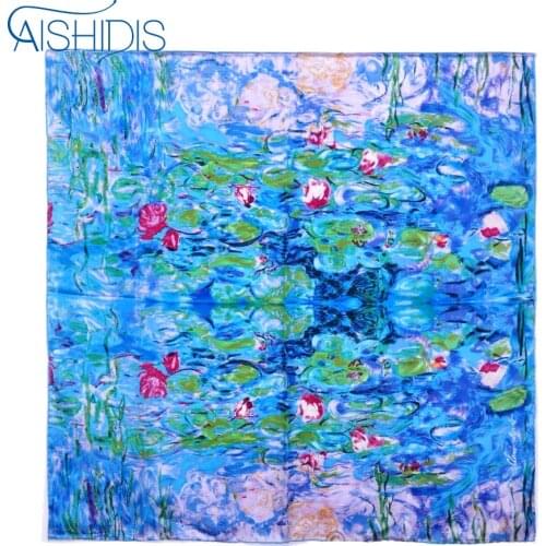 Womens Scarf headband Luxurious Square Silk Scarf Ring Pashmina In Blue Claude Monets "Water Lilies Print