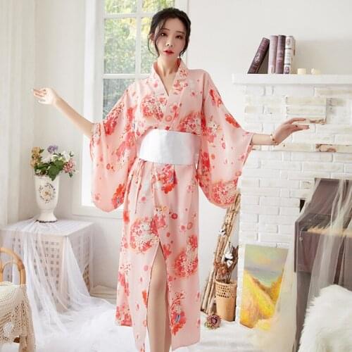 Womens Long Cherry Blossom Kimono Improved Japanese Night Gown Skirt Yukata Photo Performance Stage Suit
