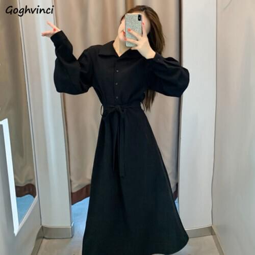 Long Sleeve Dress Women Turn Down Collar A-line Elegant Black Party Girls Fashion Harajuku All-match Autumn Drawsting Vestido