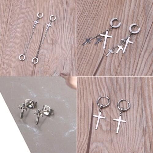 13MC 4 Pairs Cross Earrings Dangle Hinged Stainless Steel Jesus Stud Earrings Jewelry