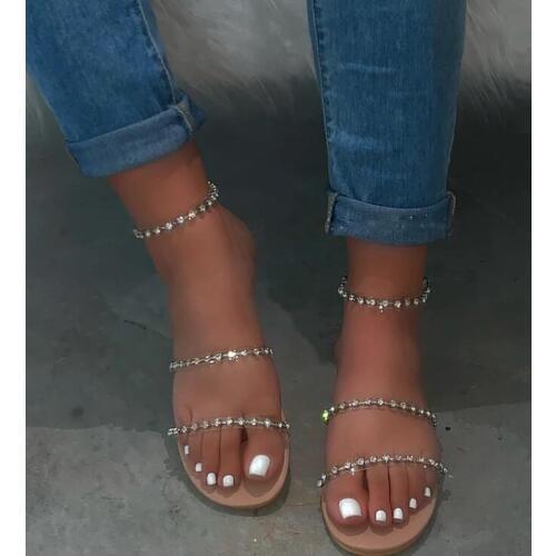 2020 Summer Rhinestone Brown Sandals Handmade High Quality Roman Sandals Simple Black Womens Shoes Party Plus Size 38-42