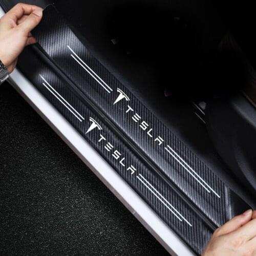 4pc Car Leather Sticker Door Carbon Leather Fiber Sill Plate For Tesla Model 3 Model X Y S Car Accessories