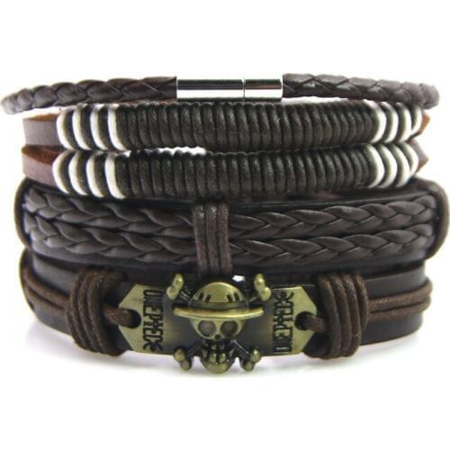 4pcs/set Skeleton Leather Bracelet Vintage Female Femme Homme Male Punk Wood Bead Charm Men Leather Bracelet For Women Jewelry