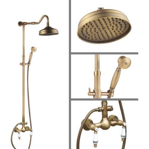 Antique Brass Wall Mounted Bathroom Rain Shower Faucet Shower Head Set Mixer Tap Dual Ceramic Handles Levers man502
