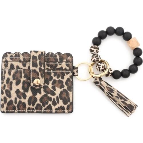 Wood Beads Bracelets Leopard Leather Cards Wallets Keychains for Women Wrists Key Rings Accessories