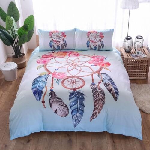 Dreamcatcher Bedding Set Feathers Print Duvet Cover Set Blue Pillowcase Home Textiles Colorful Bedclothes 3pcs Pink Flowers