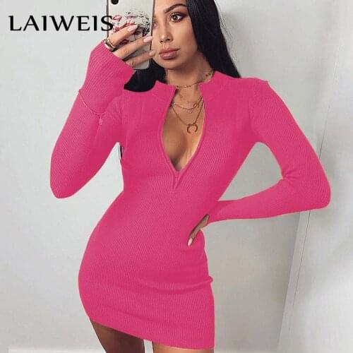 LAIWEIS Autumn Sexy Solid Color Round neck Skinny Mini Dress Women Fall Keep Warm Long Sleeve Slim Dress Zipper bag hip skirt