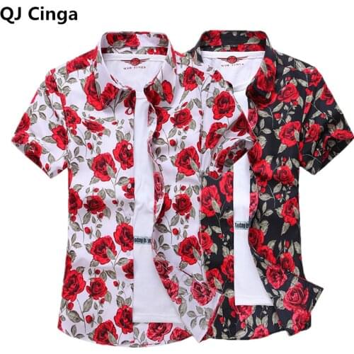Summer Pure Cotton Mens Hawaiian Shirt Printed Short Sleeve Big Us Size Hawaii Rose Flower Beach Floral Patterns Shirts S-7XL