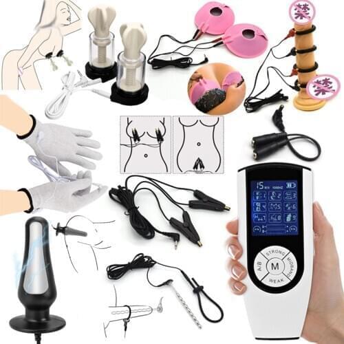 Electric Shock Anal Vaginal Plug Electro Stimulation Massage Gloves Penis Plug Ring Nipple Sucker Clamps Couple Chastity Sex Toy