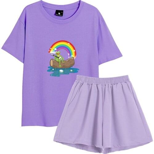 Harajuku Kawaii Frog Sleepwear Summer Two Piece Suit Cotton Short Blank Pajama Shirt Casual Loose Korean Style Chic Pajamas Set