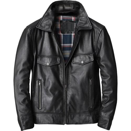 High Quality Street Mans Plaid Coat Cowhide Overcoat Genuine Leather Jacket For Men Grid Pattern Clothing Plus Size Streetwear