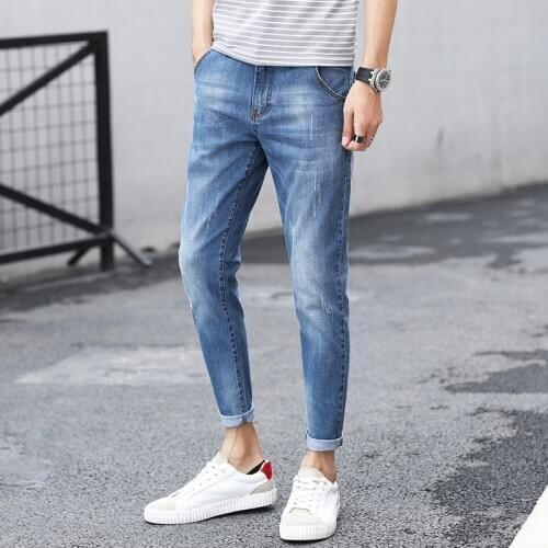 Men casual jeans fashion trend spring and summer male ankle-length pants stretch slim pencil pants men distressed denim trousers