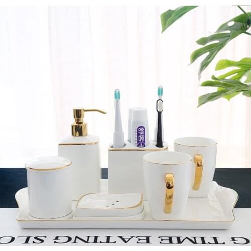 Bathroom Accessories Set Ceramic Toothbrush Holder Soap Dispenser Gargle Cup Soap Dish With Tray Wedding Gifts Bathroom Product