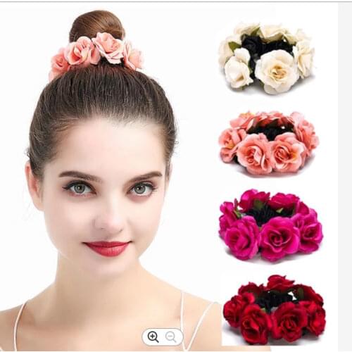2pcs/ Colorful Rose Hair Rope Fabric Flower Elastic Hair Hoop Custom Party Rose Flower Hair Ring Ponytail Holder For girls