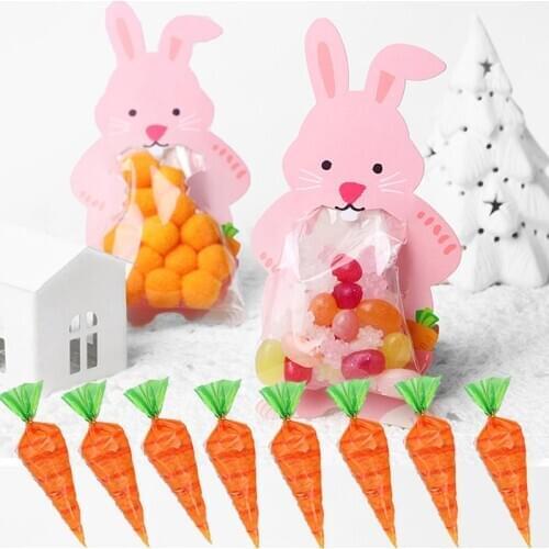 Easter Rabbit Candy Bag With Greeting Cards Easter Bunny Carrot Candy Bag Cones Transprant Plastic Bag Kids Birthday Party Decor