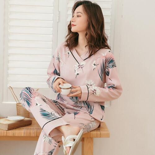 Women Autumn Cotton Long Sleeve Pajamas Two Piece Loose Plus Size Printing Sleepwear V-Neck Sexy Loungewear Sleep Home Clothes
