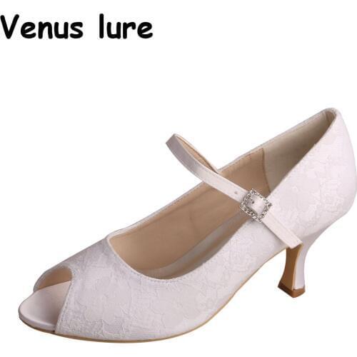 Wedopus Custom Handmade Open Toe White Lace Shoes for Women Mary Jane Bridal Heel