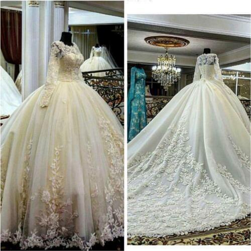 Wedding-dress 2018 Fashion Jewel Appliqued Beaded Long Sleeve Puffy Princess Bridal gown bridesmaid Dresses