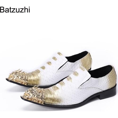 Batzuzhi Italian Style Men Shoes Golden Steel Toe Leather Dress Shoes Men Slip on White Business, Party and Wedding Shoes Male