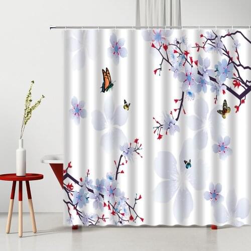Chinese Style Flower Butterfly Shower Curtain Hand Painted Watercolor Cherry Blossom Home Background Bathroom Decor Curtains Set