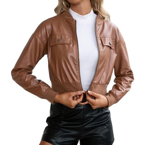 Vintage Women Jacket Faux Leather Ribbing Solid Color Stand Collar Autumn Winter Zipper Pockets Zipper Lady Slim Coat Streetwear