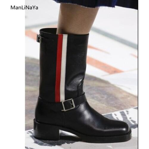 Newest Luxury Design Buckle Belt Women Boots Red and White Gingham Stripes Women Runway Boots Wood Square Heel Ladies Boots 2018