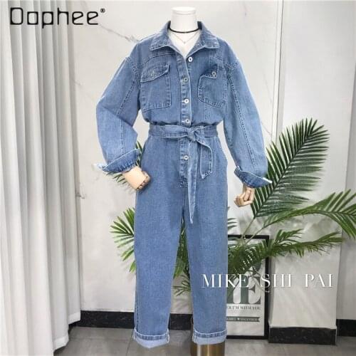 Spring 2021 Korean Style Fashionable Pure Loose Waistband Long Sleeve Preppy Style Overalls Trousers Jumpsuit for Women