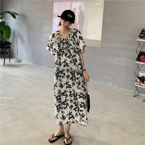 Chic Dress Women Flower Autumn 2020 New Short Sleeve Casual Loose Straight Vestidos Mujer Whiteblack Long Dresses Large Size