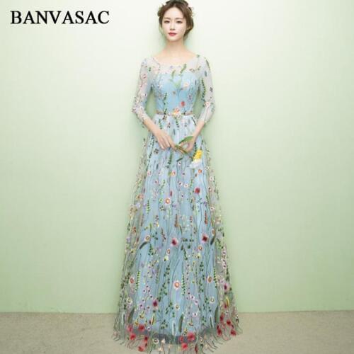 BANVASAC 2018 O Neck Lace Flowers Embroidery A Line Long Evening Dresses Elegant Sequined Sash Party Prom Gowns