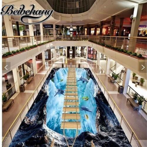 Beibehang Custom self-adhesive 3D floor Waterproof Waterfall dolphin 3d floor painting wallpaper for bathrooms Home Decorat