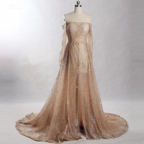 RSE872 Long Sleeves Off The Shoulder Shine Glitter Open Legs Gold Prom Dress