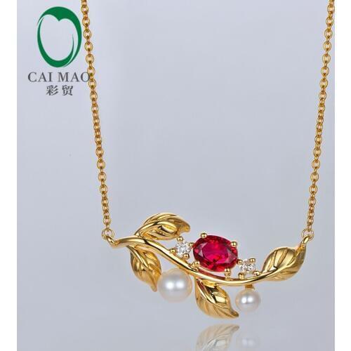 Caimao Jewelry 14kt Yellow Gold Natural 0.51ct Ruby With Pearl and Diamond Engagement Chain Pendant