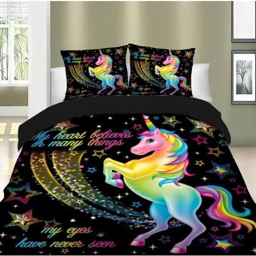 Home Textiles Duvet Cover Rainbow Unicorn Fairytale with Sparkling Stars 3D Digital Printing Bedding Sets Black Background